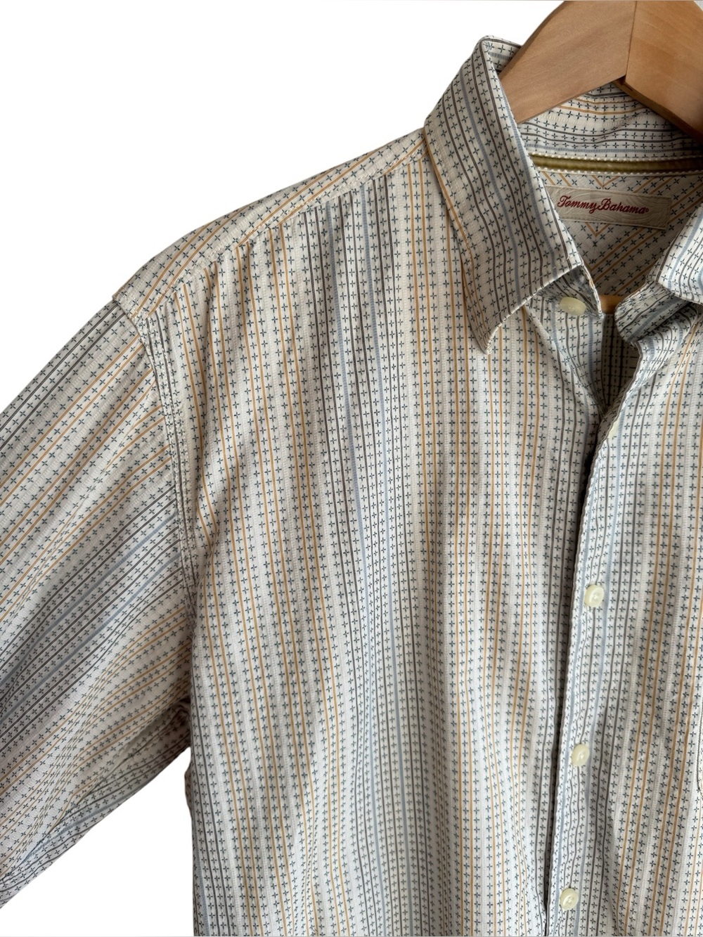 Tommy Bahama 100% Cotton Button Down Shirt Mens L Neutral Stripe Long Sleeve